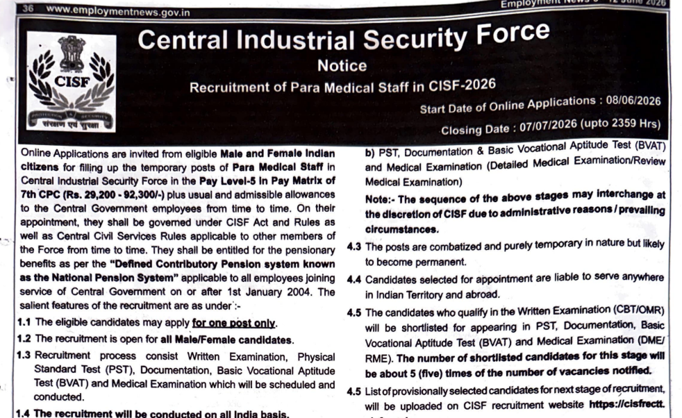 CISF ASI Paramedical Staff Recruitment 2026 Notification Out, Apply Online for 24 Posts
