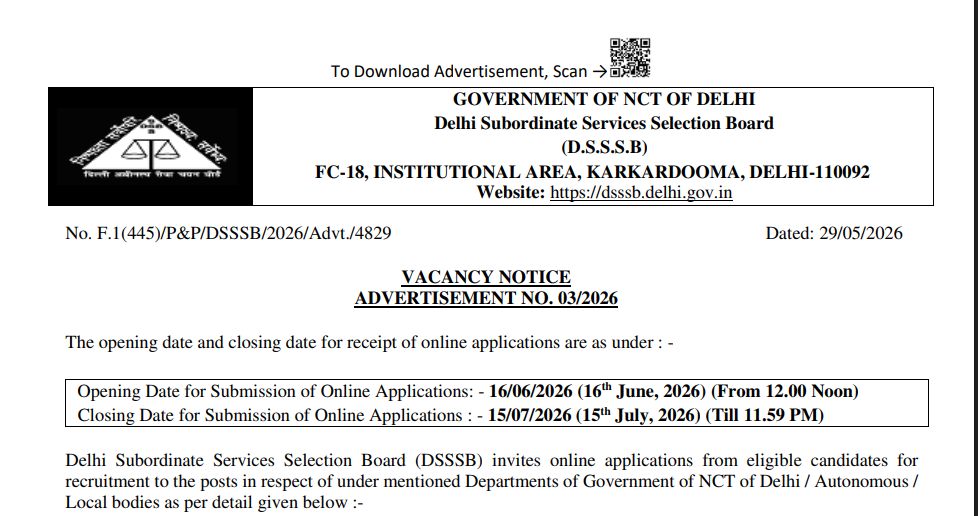 Delhi DSSSB Various Post Recruitment 2026 – Apply Online for 1979 Posts, Notification PDF