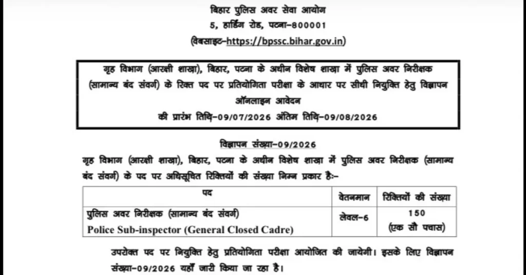 BPSSC Bihar Police SI Recruitment 2026