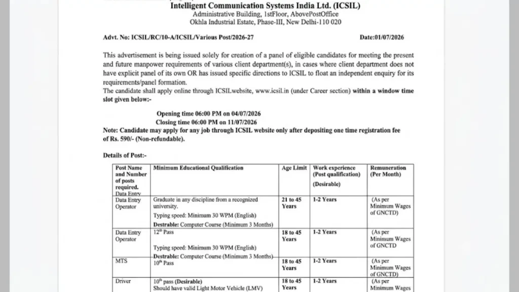 ICSIL Recruitment 2026 Apply Online: DEO, MTS and Driver Posts, Last Date July 11