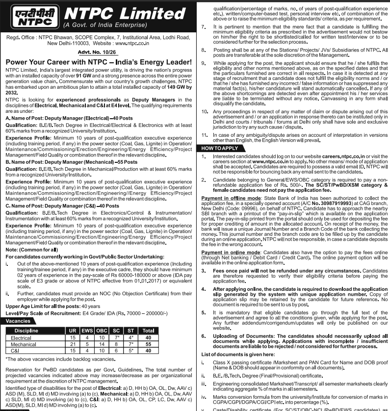 NTPC Deputy Manager Recruitment 2026 – Apply Online for 135 Vacancies, Eligibility & Last Date